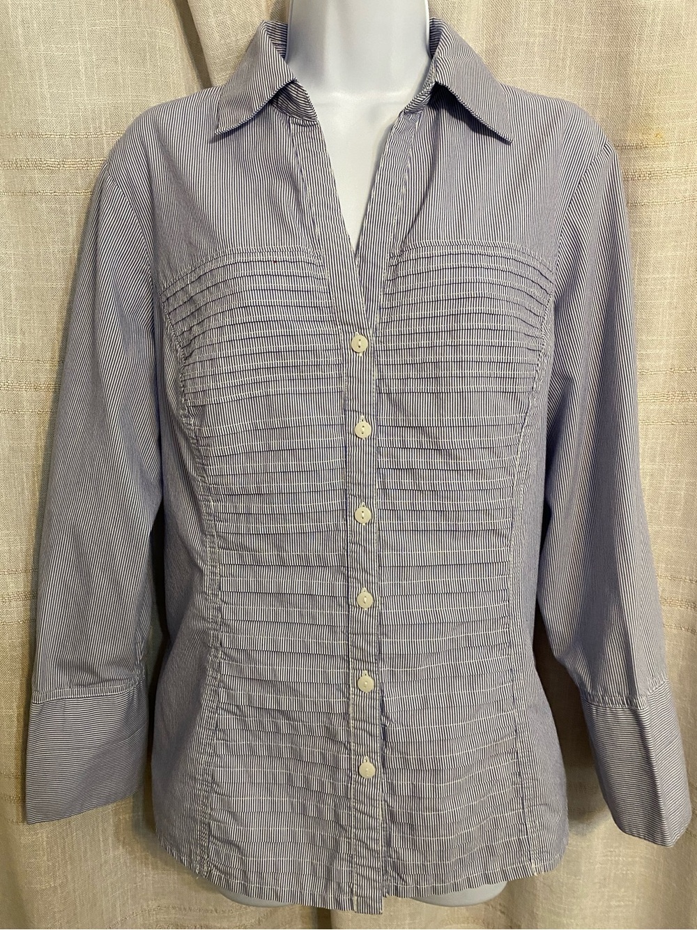 Zac & Rachel Blue White Pinstripe Pintuck Pleated Button Up Blouse Large